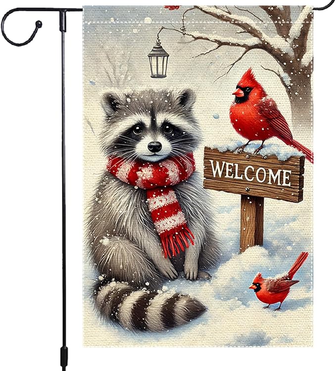 Winter Garden Flag 12x18 Inch Double Sided Burlap Welcome Raccoon Cardinal Snow Outdoor Yard Decoration Small Seasonal Christmas Holiday Farmhouse Porch Flag