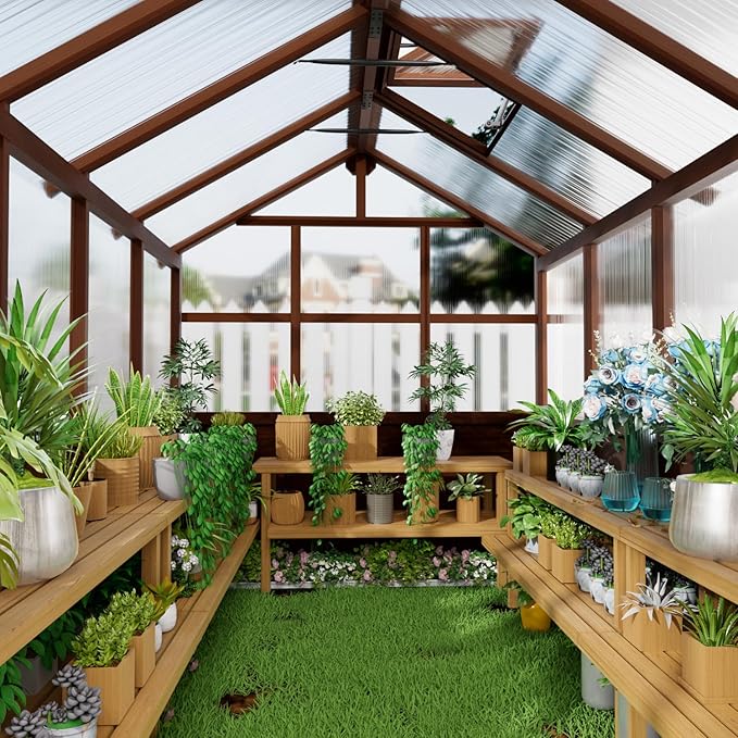 8x16 FT Wooden Greenhouse,Natural Wood Garden House for Plants,Heavy Duty Green House with Polycarbonate Panl, Walk-in Large Garden Greenhouse for Yard, Patio, and Backyard