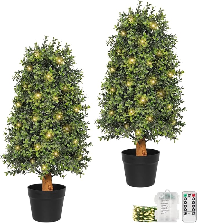 JOZHENJU 30inch Topiary Trees Artificial Outdoor Set of 2, Artificial Topiary Boxwood Tree UV Resistant Faux Plants, 2.5ft Artificial Plants & Trees for Indoor and Outdoor Porch Home Decor
