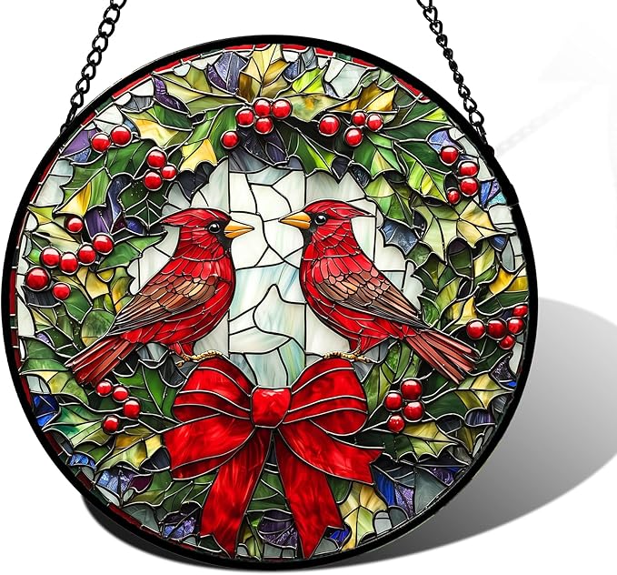 DASTOLL Stained Glass Window Hanging - Cardinals Green Wreath Suncatcher for Doors Home Christmas Decoration Red Bird Sun Catcher Thanksgiving New Year Birthday Gift for Women Men Mom Nana 7.8 in