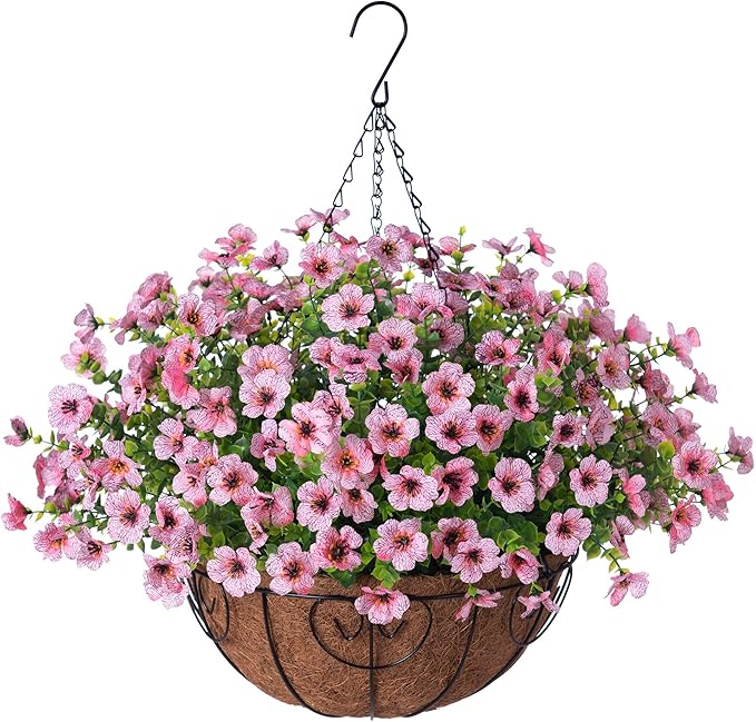 Artificial Flowers Hanging Basket for Outdoor Indoor Spring Summer Decor,Fake Silk Colorful Daisy Eucalyptus in 12" Metal Coconut Lining Flowerpot Arrangement for Home Patio Yard Decor(Pink)