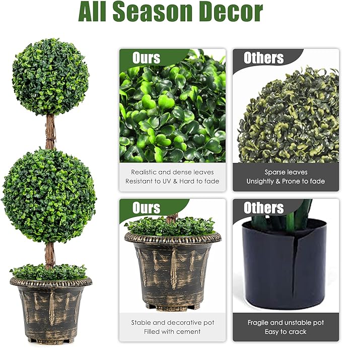 DREAMADE 3ft Boxwood Topiary Tree Artificial Outdoor & Indoor, Weatherproof Faux Plant Ball Tree w/Cement-Filled Plastic Pot, Fake Shrub Plant for Front Porch Garden Home Office Wedding Backyard