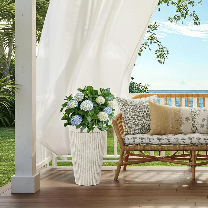 Ultym 20" Resin Tall Planters for Outdoor Plants,Set of 2 Vintage Ivory Large Flower Pots with Handmade Fluted Texture,Heavy-Duty and Weather-Resistant for Porch Christmas Decor,Garden, Patio