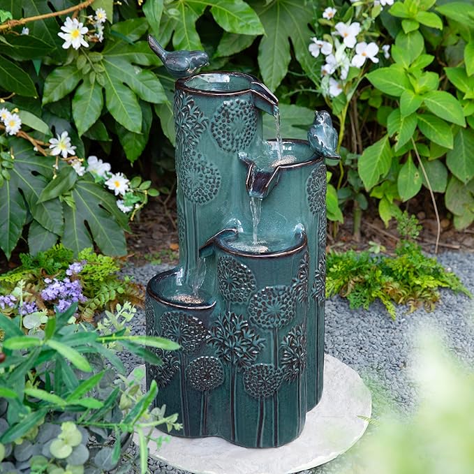 Glitzhome 27" H Outdoor Water Fountain with LED Light, Pump & Adapter, 4-Tier Turquoise Dandelion Vase Ceramic Cascading Garden Fountains Waterfalls with Birds, for Porch Deck Patio Backyard