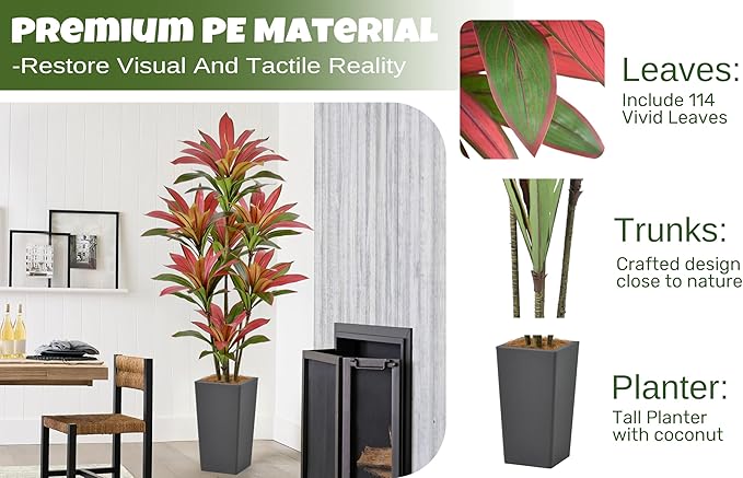Roselywed Artificial Red Dracaena Tree 6FT with 114 Leaves & 7 Heads & Gray Tall Planter Cover with Coconut Fiber Tall Faux Tropical Silk Bicolor Plant 72 Inch for Indoor Home Office Porch Mall Decor