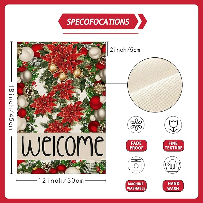 Welcome Garden Flag Christmas Bells Poinsettia Pine Trees Xmas Winter Yard Flag 12x18 Inch Double Sided Small Mini Yard Outdoor Outside Holiday Party Decoration