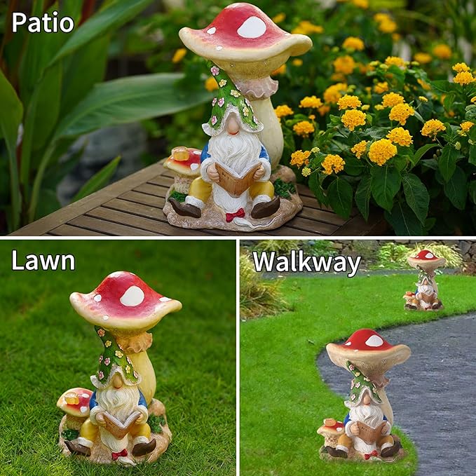 Upgraded Size Solar Garden Outdoor Statues Gnome Reading Under Mushroom with 5 LED Lawn Decor Outside Decorations for Patio, Balcony, Yard Ornament Unique Garden Gift