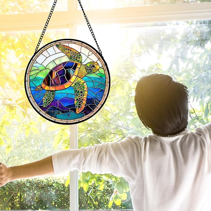DASTOLL Stained Glass Window Hanging, Colored Turtle Ocean Suncatcher Diamond Glass Panel Hangings Marine Life Sun Catchers Decor for Birthday for Women, Men, Wife, Aunt, Mom 9.8 in