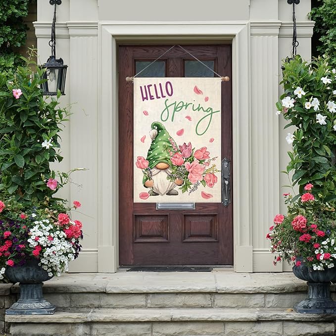 Hello Spring House Flag for Outdoor Gnome with Roses Flowers Yard Flags for Outside,Summer Seasonal Holiday Decorative Flag for Anniversary Wedding Farmhouse Decor 28x40 Inch Double Sided