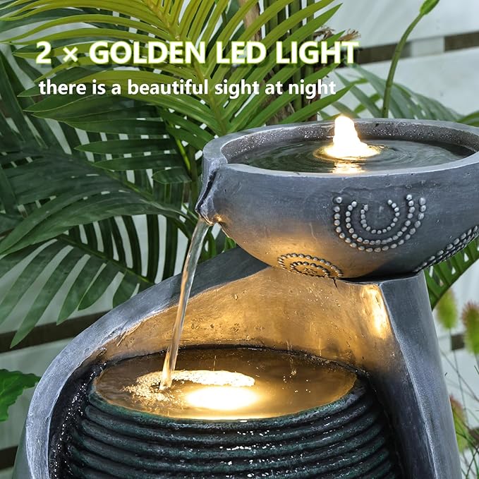 Vase Outdoor Water Fountain, 31.4''H Jar Waterfall Fountain with Warm LED Lights&Durable Pump for Yard, Porches, Home Décor,Garden,Office