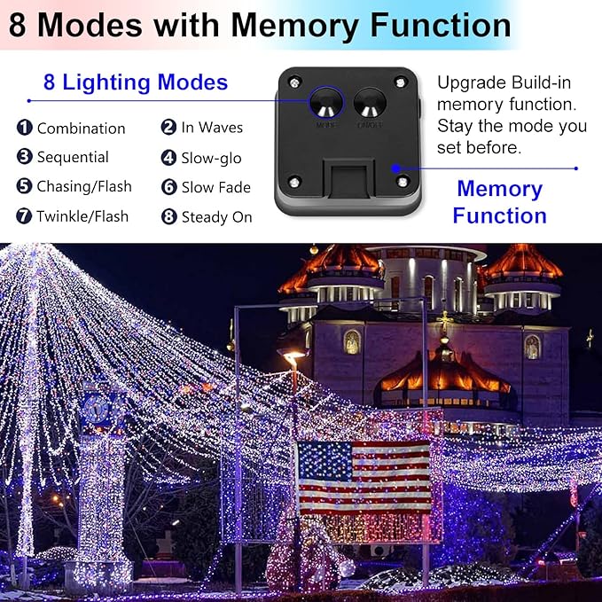 YAOZHOU 4th of July Patriotic Decorations,Red White Blue Solar Fairy String Lights Outdoor Waterproof, 2Pack Total 200LED 66Ft,IP67 8 Modes Outside Memorial Day for Garden,Patio, Yard