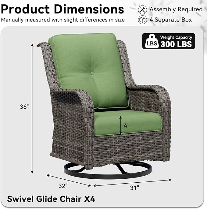 4 Piece Outdoor Swivel Rocker Patio Chairs Set, Patio Chairs Set of 4 with Thickened Olefin Cushions, High Back and Deep Seating, Hand-Woven PE Rattan for Porch, Deck, Green