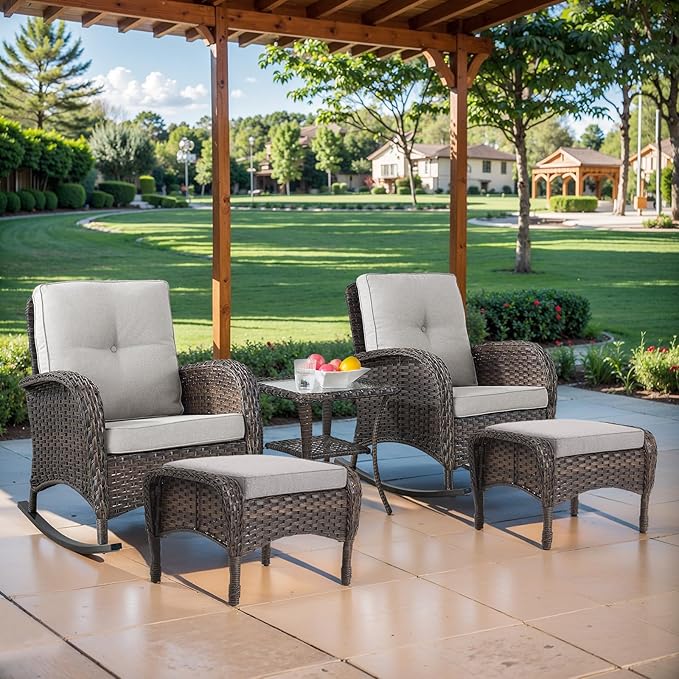 Belord Patio Rocking Chairs Furniture Set - 5 Piece Outdoor Wicker Furniture Sets with Ottomans, Small Patio Conversation Sets with Wicker Rocking Chairs Brown/Beige