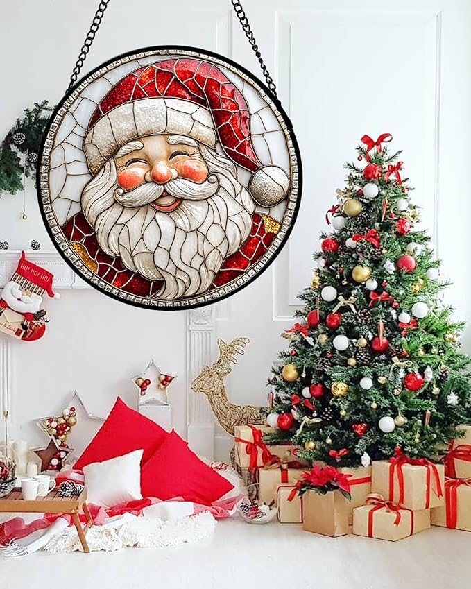 HWRHTR Stained Glass Window Hanging - Red White Santa Claus Suncatcher for Doors Home Christmas Decoration Winter Sun Catcher Thanksgiving New Year Birthday Gifts for Women Men Mom Nana Girl 6.3 in