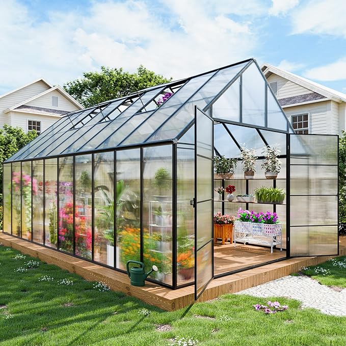 CDCASA 10x20 FT Greenhouse for Outdoors,Large Easy Assembly Polycarbonate Greenhouse Aluminum Greenhouses w/4 Vents Windows, Swing Door Walk-in Green House for Ouside,Backyard,Garden, Black