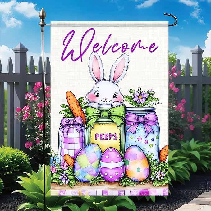 Spring Welcome Garden Flag2x18 Inch Double Sided Happy Easter Garden Flag Bunny Easter Egg Mason Jar Small Garden Flag Flower Yard Lawn Outside Decor Spring Outdoor Home Decoration