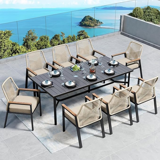 83" Patio Table for 8,Large Rectangle Patio Dining Table with Umbrella Hole,E-Coating and Powder Coating Steel Frame Metal Outdoor Patio Table for Garden Backyard Lawn Yard