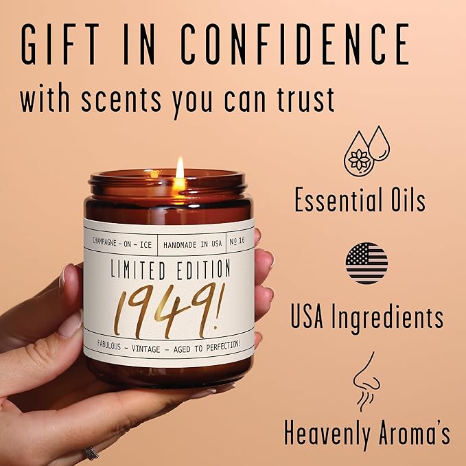 77th Birthday Gifts for Women - 'Limited Edition 1949' Soy Candle, w/Champagne on Ice I 77th Birthday Gift for Her Ideas I 9oz Reusable Jar, 50Hr Burn, Made in USA
