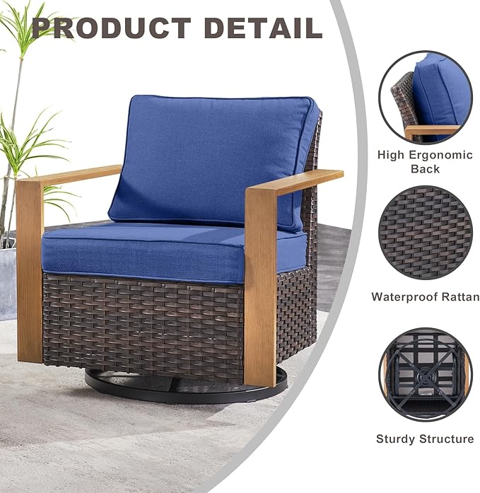 Outdoor Patio Swivel Rocker Chairs - 3 Piece Wicker Patio Furniture Bistro Set with 2 Swivel Rocking Chairs and 1 Metal Side Table,Thick Cushions,Deep Seating for Deck Porch Garden(Brown/Blue)