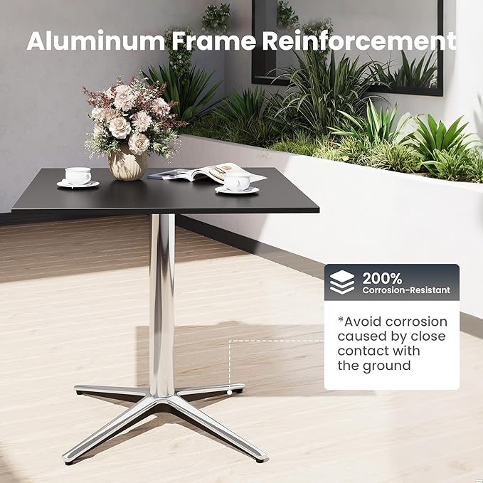 PHI VILLA Outdoor Patio Bistro Table, 31" Square Metal Pedestal Small Dining Table for 2-4, All-Weather Modern Table for Outside Deck, Yard, Porch, Balcony - Black