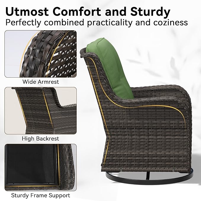 Outdoor Swivel Rocker Patio Chair - Outdoor Wicker Patio Furniture with Thickened Olefin Cushions, High Back and Deep Seating, Hand-Woven PE Rattan for Porch, Deck, Balcony, Green