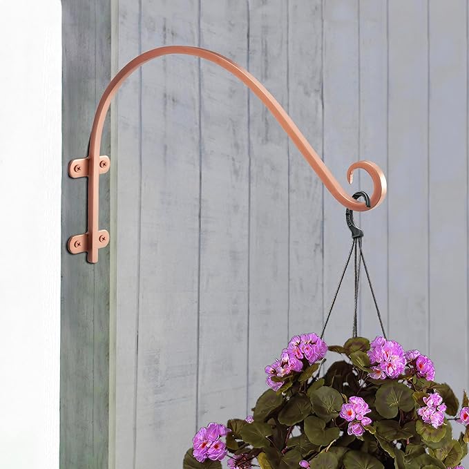Monarch Abode Hanging Basket Hooks, Heavy Duty Metal Plant Hangers Outdoor or Indoor for Flower Basket, Wall Fence Hooks for Bird Feeder Bracket, Set of 2, 14-inch Copper Plant Wall Hanger