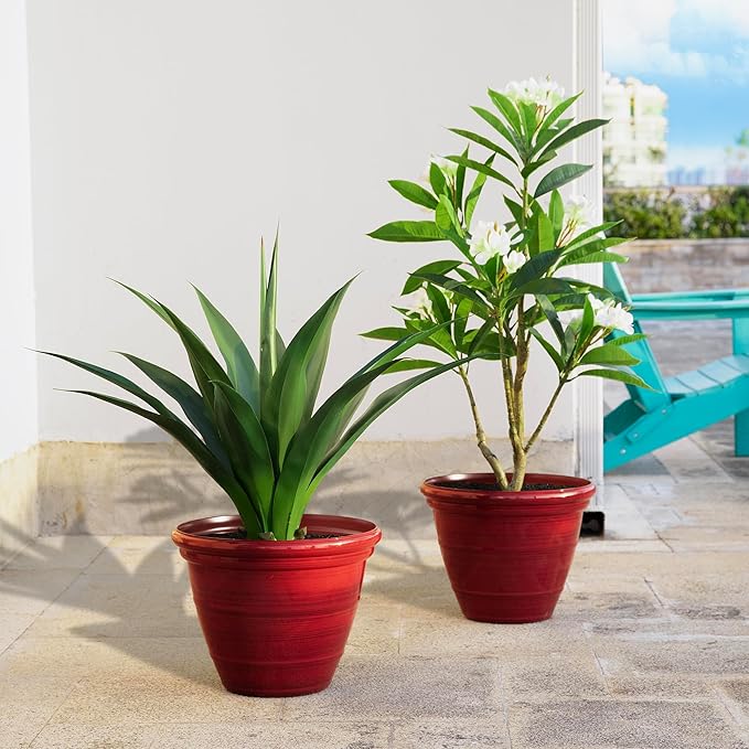 Glitzhome 15.5" D Large Flower Pots, Set of 2 Tall Planters for Outdoor Plants with Drainage Holes,Red Faux Ceramic Finish,Round Plastic Tall Flower Pots for Garden, Patio, Porch or Indoor Use