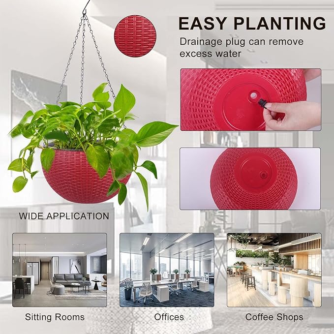 Vencer 11 Inch Round Resin Rattan Hanging Planters,Self Watering Hanging Basket for Indoor Outdoor Plants,Hanging Flower Pots with Drain Hole and Metal Chain,Water Indicator,Red,VF-A15-R