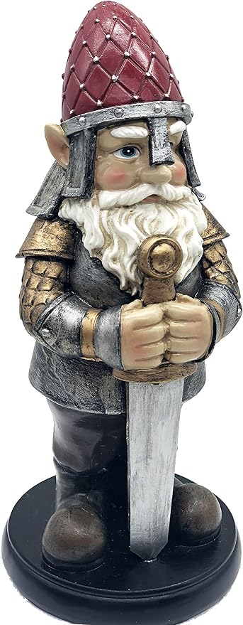 Gnome Knight Holding sword - armored, 9 inches: Warrior statue for Garden