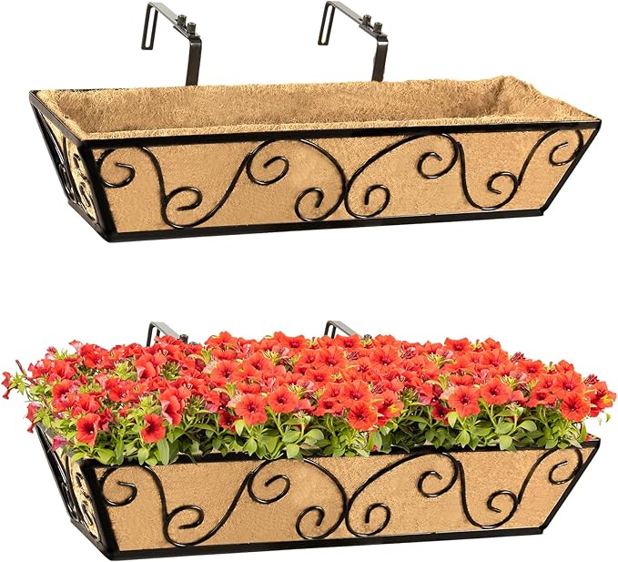 Y&M 24 Inch Window Deck with Coco Liner, Fence Metal Hanging Flower Planter Window Basket Deck Railing Planter Boxes for Outdoor Garden Lawn-Butterfly, 2pcs