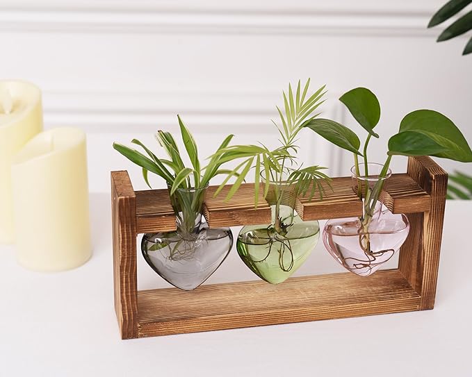 Kingbuy 3-Heart Plant Terrarium Kit - Stained Glass Vase Propagation Station with Vintage Wood Stand - Wall-Mounted & Tabletop Indoor Garden Decor for Home Kitchen Wedding (Grey, Green, Pink)
