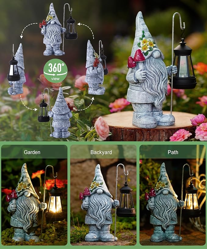 Garden Gnome Statue with Solar Lights Lantern,Outdoor Sculpture Home Decor for Yard Lawn Balcony Patio Porch,Gardening Gifts for Mom Women Grandma