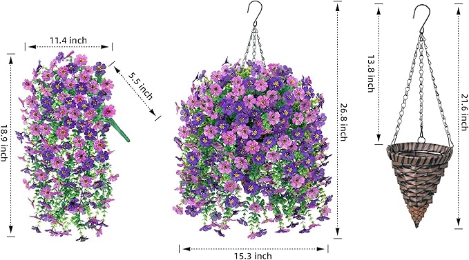 HyeFlora Artificial Hanging Flowers Basket for Outdoor, Fake Flowers Faux Plants Look Real for Yard Gardens Porch Patio Home (Darkpurple+Purple)