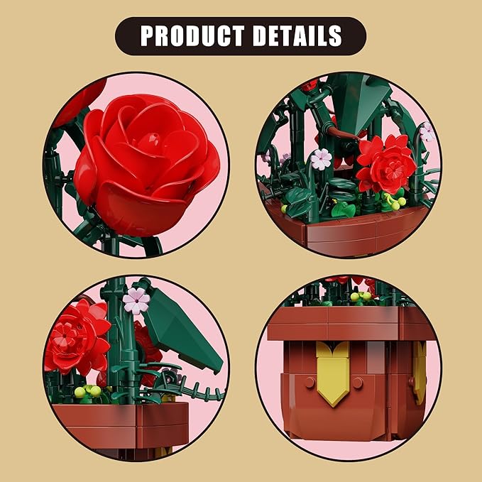EITOLNR Roses Flowers Botanicals Building Sets,Artificial Plants Bonsai Building Blocks Toys for Adults,Indoor Home Office Decor,Easter Christmas Birthday Gift for Adults Women,Girls Age 8-12(307Pcs)