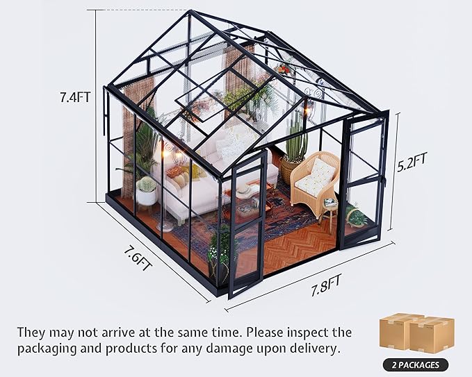 Jocisland 7.5x7.6x7.4 FT Outdoor Aluminum Polycarbonate Greenhouse with Ventilation and Rain Gutter, Double Swing Doors with Hook, Walk in Greenhouse for Outdoors, Backyard, Garden (Black)
