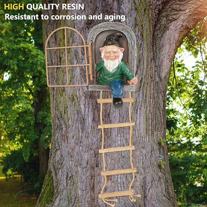 Garden Gnomes Decoration Outdoor tree faces decor with Hanging Ladder for Yard, Elf Out The Door Tree Hugger Resin Garden Sculpture Peeker Yard Art Ornament Whimsical Gnome Decor for Patio Yard Lawn