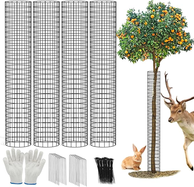 48" Metal Tree Trunk Guard, 4 Pack Mesh Protectors with Zip Ties, Glove & Metal Stakes - Protect Bark & Saplings from Mowers, Deer & Other Animals
