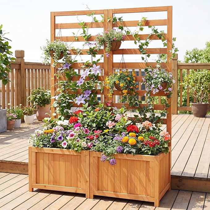 Giantex Wood Raised Garden Bed with Trellis, Outdoor Planter Box for Vines Flowers Vegetables, Herbs, Freestanding Plant Container Privacy Planters for Porch, Patio, Backyard