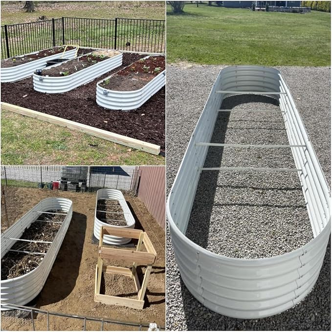 A ANLEOLIFE 8 Pcs 12X3X1.5 ft Oval Extra Large Galvanized Raised Garden Beds Outdoor for Planting Vegetables Flowers Herb, Antique White