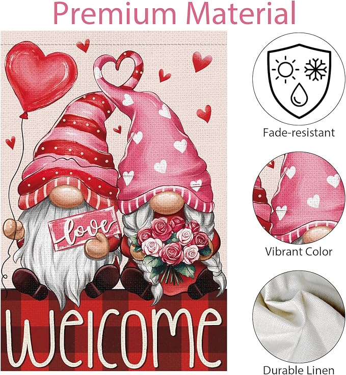Valentines Day Gnomes Garden Flag 12x18 Inch Double Sided，Flower Love Hearts Welcome Small Burlap Yard Flag for Home Outside Holiday Decoration