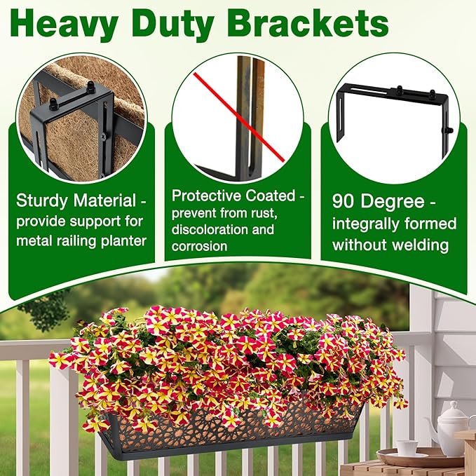 Halatool 4 Pack Window Box Brackets for Railing, Adjustable Heavy Duty Iron Window Flower Holder, Outdoor Sturdy Railing Planter Box Brackets for Fences, Balconies, and Gardens
