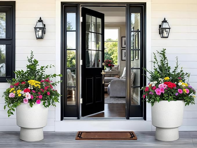 Ultym 16.75"H Urn-Style Tall Planters, 2-Pack Modern Large Flower Pots for Outdoor Indoor, 2-in-1 Design Plant Containers for Garden Patio Yard Balcony Porch or Home Decor, White Terrazzo, UV-Protect