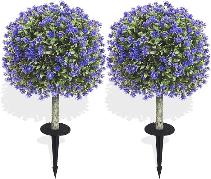 R’s Ceder Artificial Boxwood Topiary Ball Trees with Purple Rose, 2 Set of 19'' UV Resistant Fake Evergreen Shrubs Bushes Plants with Ground Spike Fake Plants for Outdoor Indoor Front Porch Garden