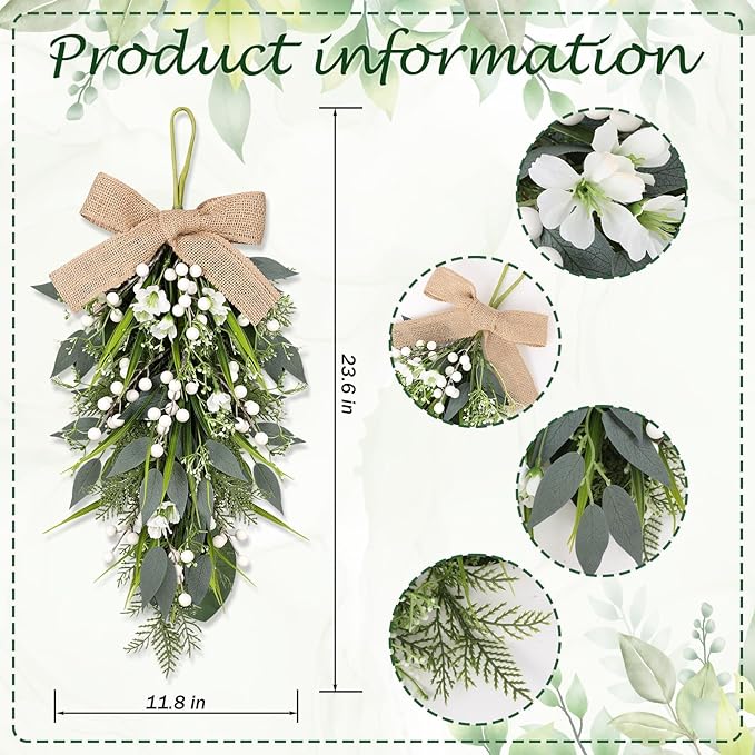 2 Pcs 24" Artificial White Flower Teardrop Wreaths Swag Spring Summer Berries Swags Wreath White Floral Hanging Wreaths for Kitchen Cabinet Doors Window Wall Wedding Party Home Decor