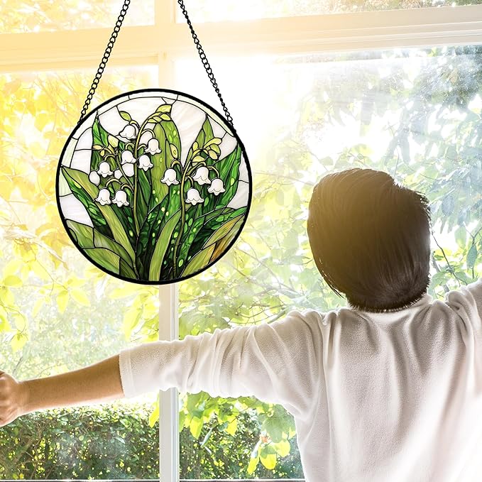 DASTOLL Stained Glass Window Hanging, Lily of The Valley Flower Sun Catchers Colorful Glass Panel Green Plants Suncatcher Decor for Birthday for Women,Men,Wife, Lovers, and Mom 7.8 in