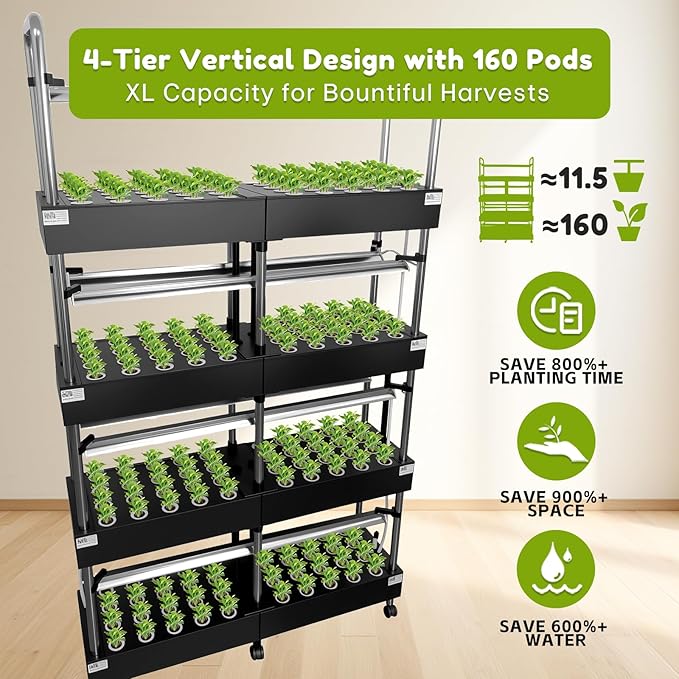 Large 4-Tier Hydroponics Growing System Kit, 160 Pods Vertical Hydroponic Garden with Full-Spectrum LED Grow Light, Dual Auto Circulating Water Pumps, 51L Indoor System for Herbs& Microgreens