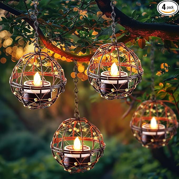 Homemory Solar Tea Lights Outdoor Waterproof Hanging Lanterns, Beaded Copper Wire Ball Holders with Solar Powered Tea Lights Candles, Ideal for Patio, Garden, Backyard, Pergola, Tree, Fence, 4-Pack