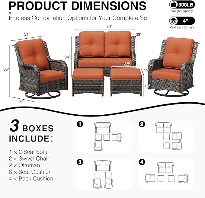Joyside 5 Piece Wicker Patio Furniture Set, Outdoor Swivel Rocker Patio Chairs with High Back, Deep Seating, Wide Armrest, Thickened Cushions, Outdoor Furniture for Deck, Porch Use