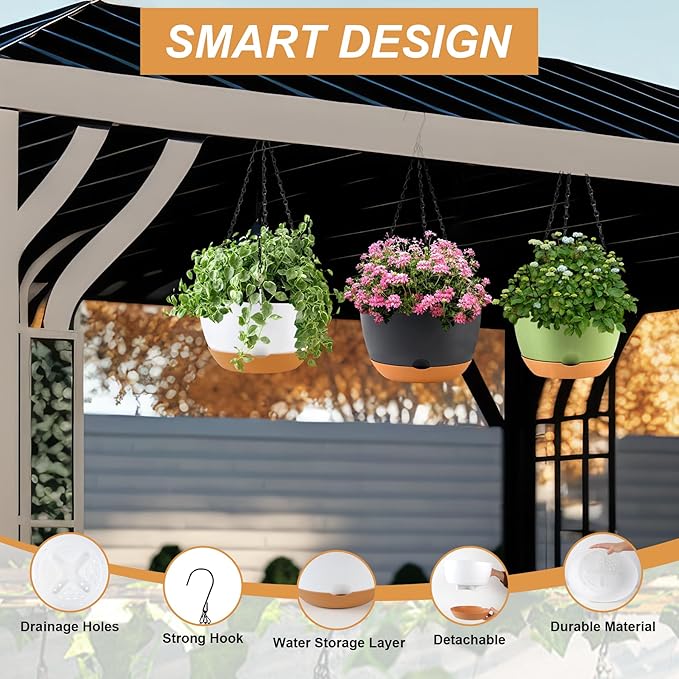 KPUVX 4 Pack Hanging Planter for Plants Indoor,8 Inch Plant Pot Outdoor Plastic Hanging Baskets with Drainage Holes and Chain for Garden Porch Plants(White+Black+Green+Beige)