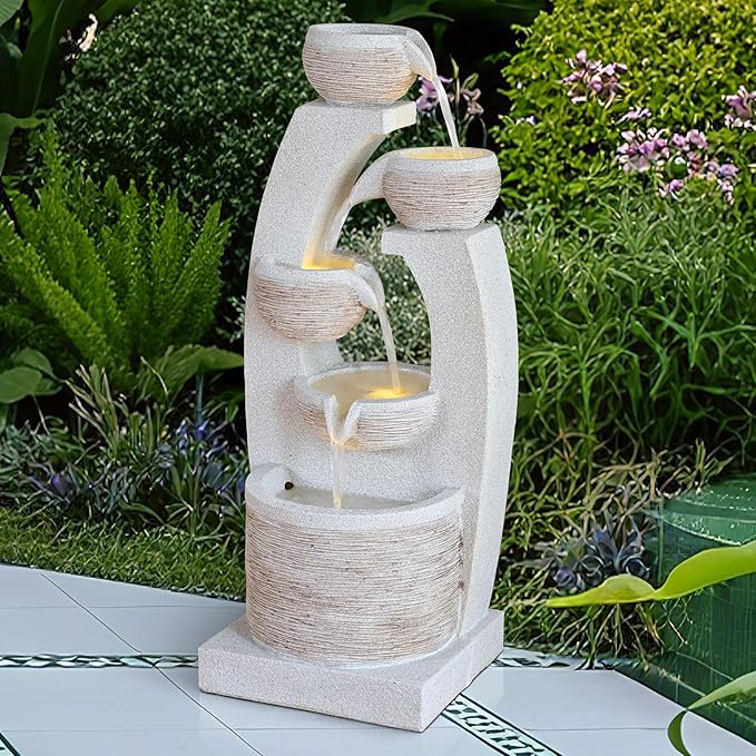 Qingyinge 33'' H Modern Outdoor Fountain Resin Outdoor Garden Fountains with Contemporary Design LED Light for Garden, Patio, Deck, Porch, Backyard and Home Art Decor